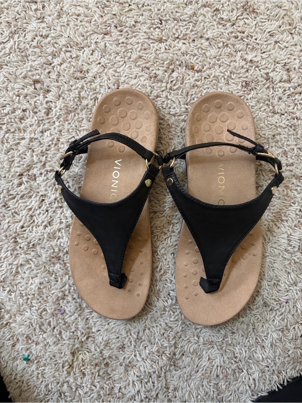 Vionic Black and Tan Thong Sandals with Adjustable Strap
